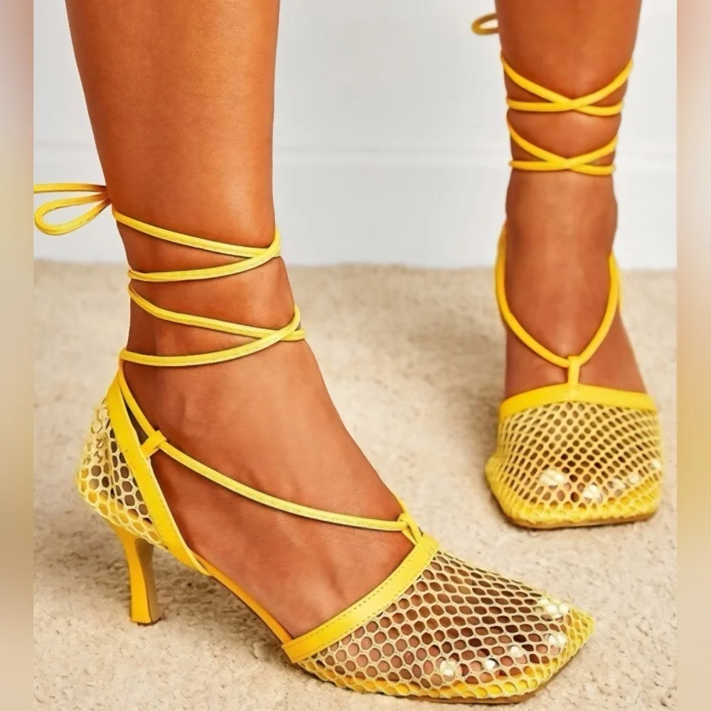 Shein Yellow Mesh Tie Around Ankle Heels Women's Size 6